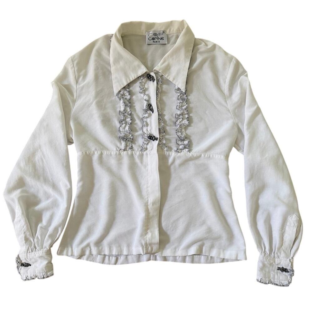 Vintage Cop Copine Paris Victorian Gothic Ruffle Blouse Metal Clasp Accent Top S